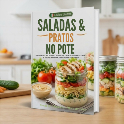 Mockup do e-book Saladas e Refeições no Pote com potes de salada montados