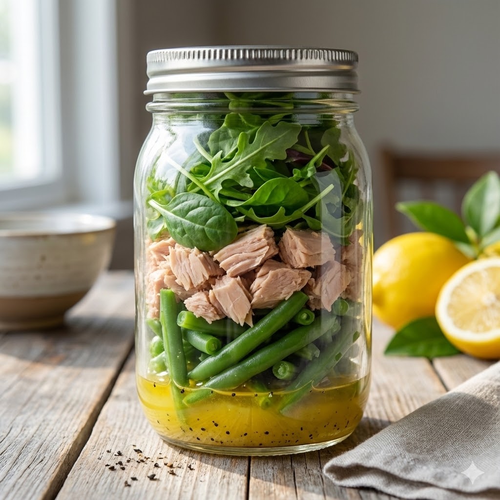 Pote de vidro com atum light, vagem e folhas verdes com molho de limão