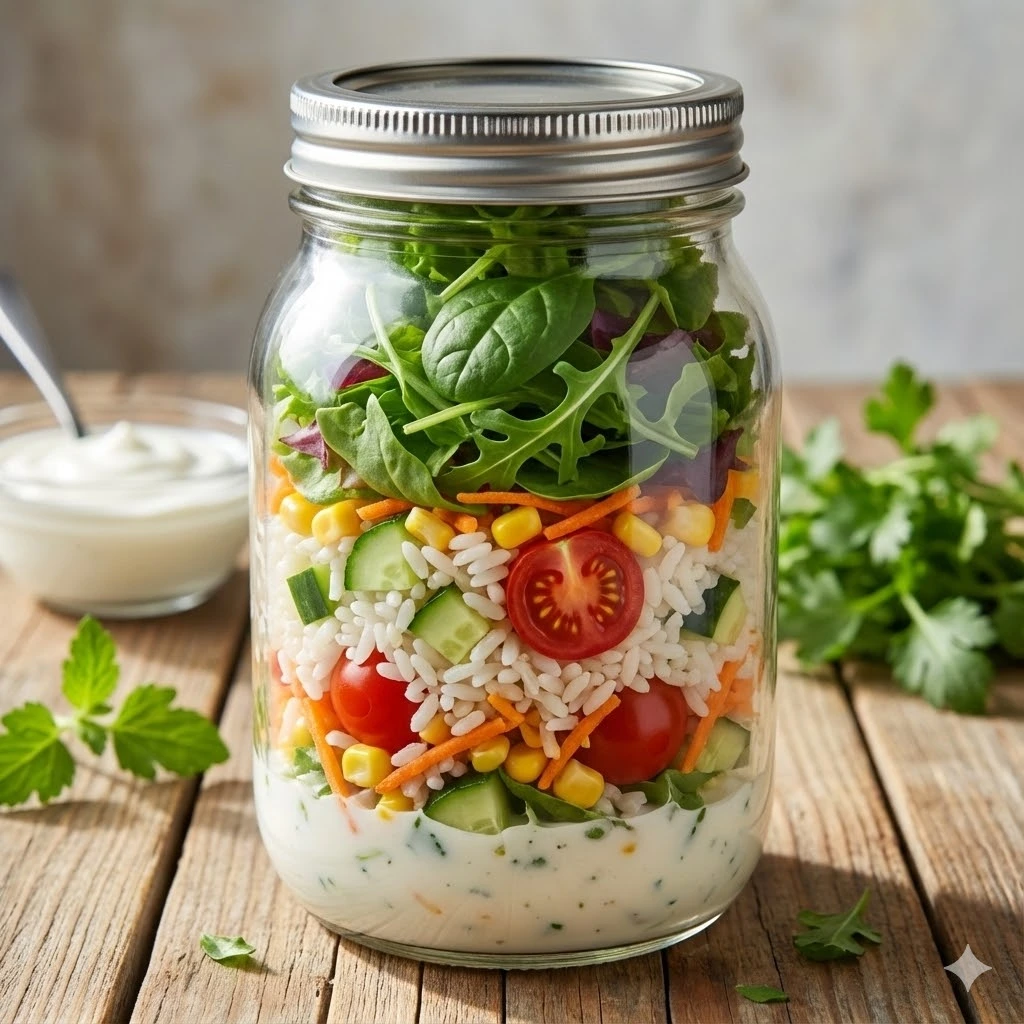 Pote de vidro com arroz frio, cenoura, milho, tomate e molho de iogurte